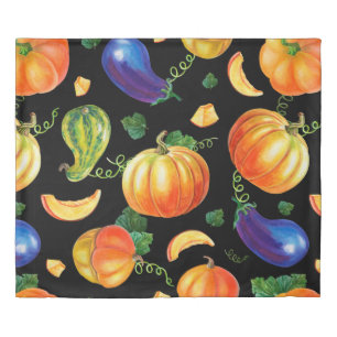 Orange pumpkin, Striped zucchini, blue eggplant on Duvet Cover
