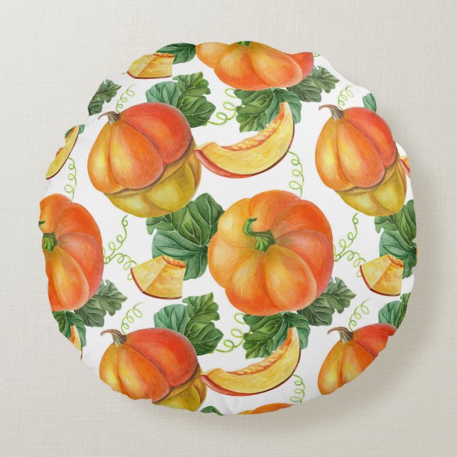 Orange Pumpkin: Summer-Autumn Vegetable Pattern. Round Pillow (Front)