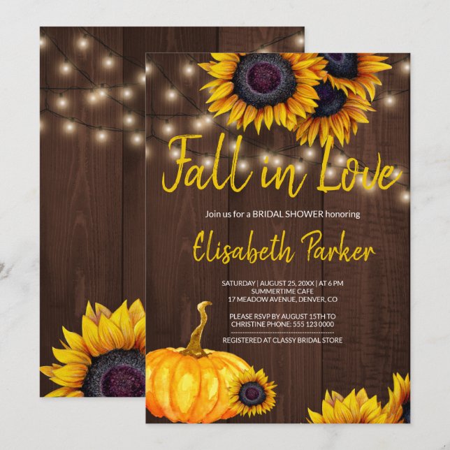Orange Pumpkin Sunflowers Barn Wood Bridal Shower Invitation (Front/Back)