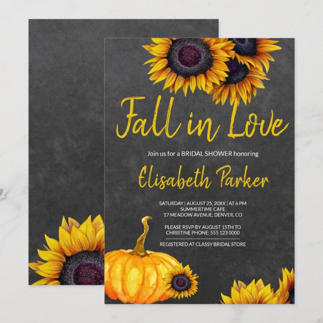 Orange Pumpkin Sunflowers Chalkboard Bridal Shower Invitation (Front/Back)
