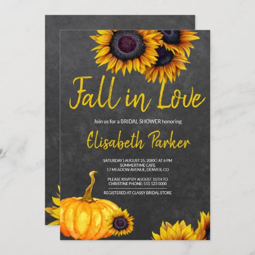 Orange Pumpkin Sunflowers Chalkboard Bridal Shower Invitation