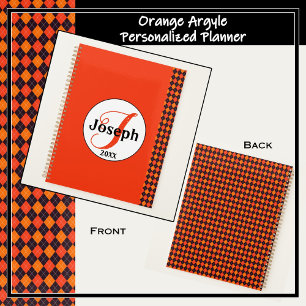 Orange Pumpkin Tangerine Black Argyle Monogrammed Planner