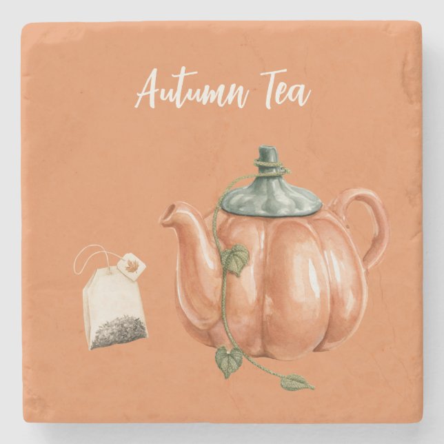 Orange Pumpkin Teapot Tea Stone Coaster (Front)