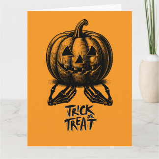 Orange Pumpkin Trick Or Treat Skull Hand Spooky Card