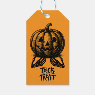 Orange Pumpkin Trick Or Treat Skull Hand Spooky Gift Tags
