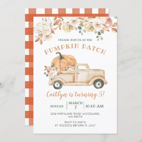 Orange Pumpkin Truck Patch 5th Birthday Party Invitation
