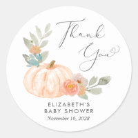 Orange Pumpkin Watercolor Baby Shower Thank You Classic Round Sticker