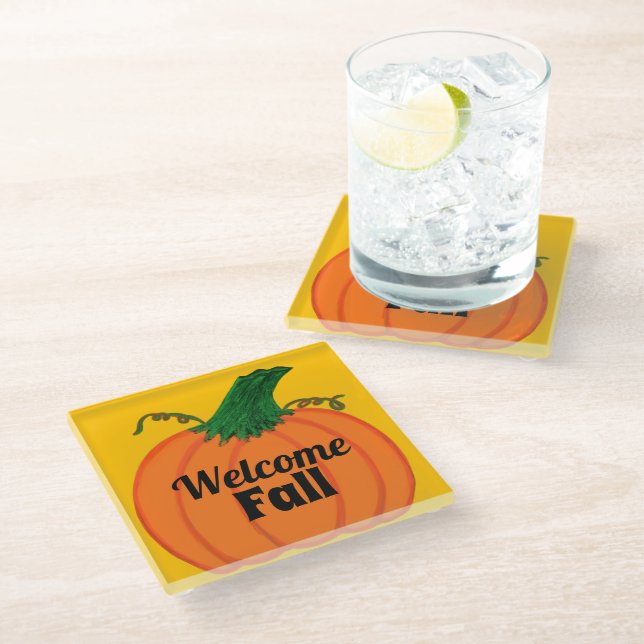 Orange Pumpkin Welcome Fall Glass Coaster (Angled)