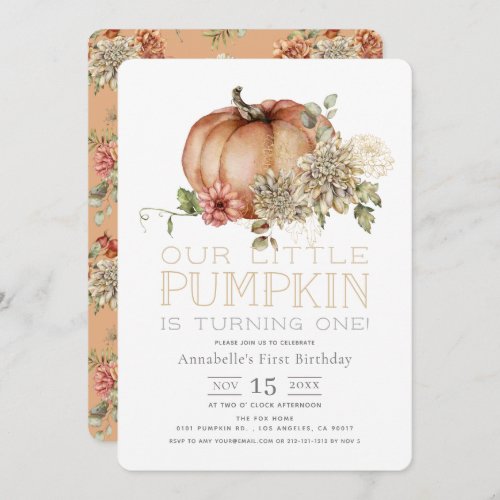 Orange Pumpkin  White Dahlia 1st Birthday Invitation