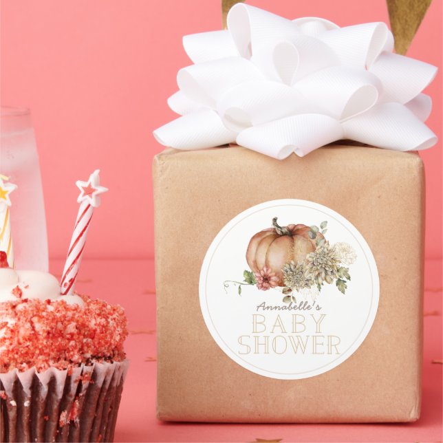 Orange Pumpkin & White Dahlia Baby Shower Classic Round Sticker (Party)