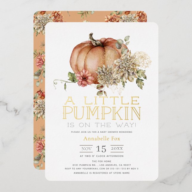 Orange Pumpkin & White Dahlia Baby Shower Foil Invitation (Front/Back)