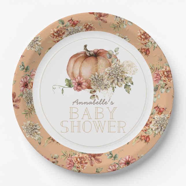 Orange Pumpkin & White Dahlia Baby Shower Paper Plates (Front)