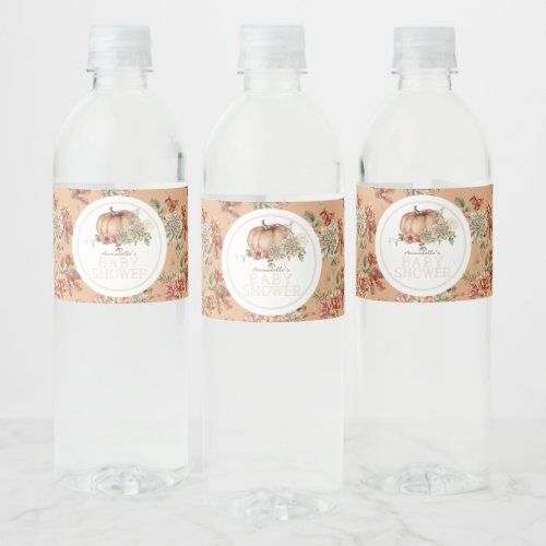 Orange Pumpkin  White Dahlia Baby Shower Water Bottle Label