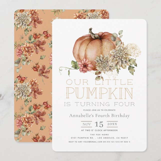 Orange Pumpkin & White Dahlia Birthday Invitation (Front/Back)