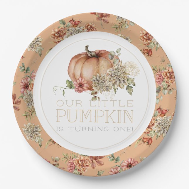 Orange Pumpkin & White Dahlia Birthday Paper Plates (Front)