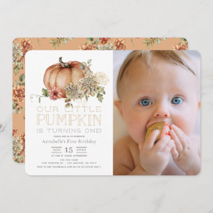 Orange Pumpkin & White Dahlia Photo 1st Birthday Invitation