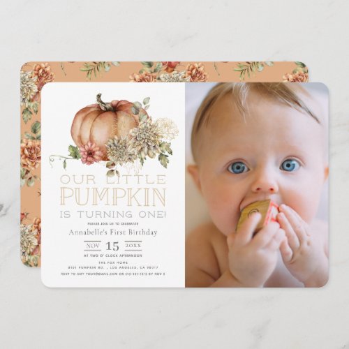 Orange Pumpkin  White Dahlia Photo 1st Birthday Invitation