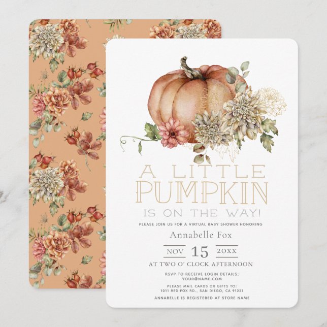 Orange Pumpkin & White Dahlia Virtual Baby Shower Invitation (Front/Back)