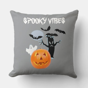 Orange Pumpkin with White Ghost and Bats Throw Pillow