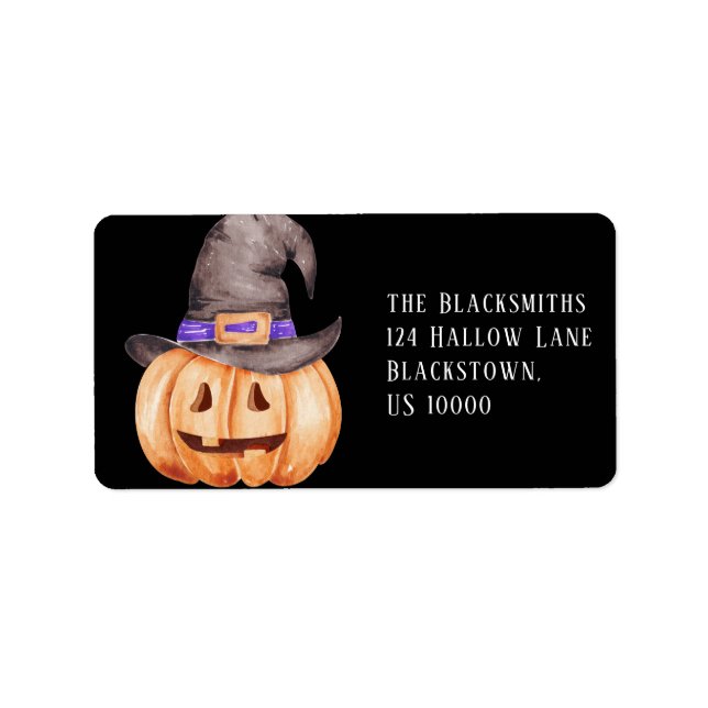 Orange Pumpkin with Witches Hat Halloween Address Label (Front)