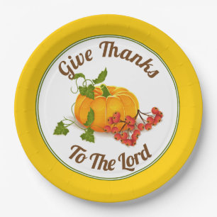 Orange pumpkin, yellow border fall Thanksgiving Paper Plates