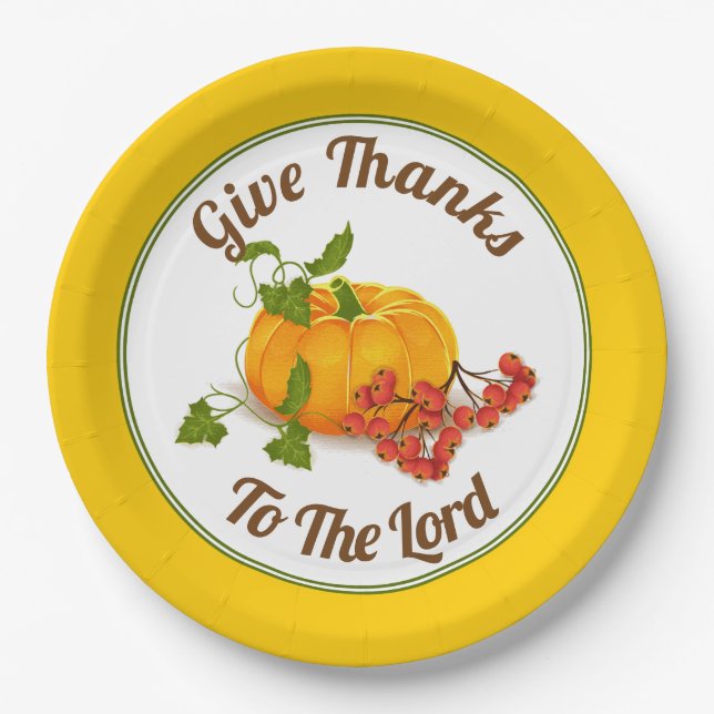 Orange pumpkin, yellow border fall Thanksgiving Paper Plates (Front)