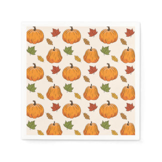 Orange Pumpkins And Autumn Fall Leaves Pattern Napkins