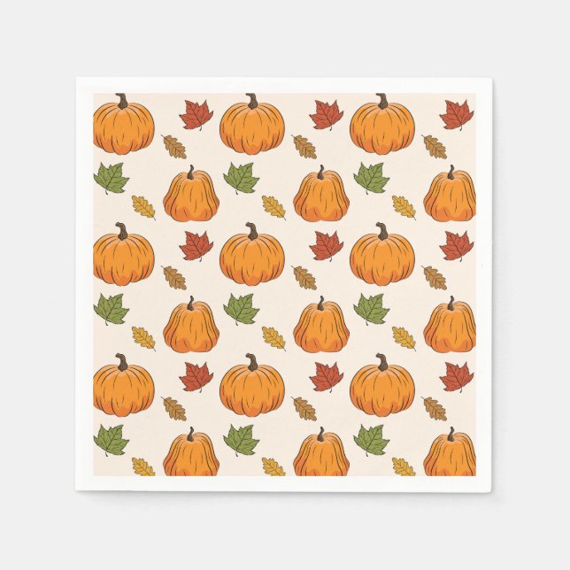 Orange Pumpkins And Autumn Fall Leaves Pattern Napkins (Front)