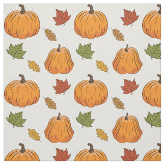 Orange Pumpkins And Autumn Leaves Pattern Fabric
