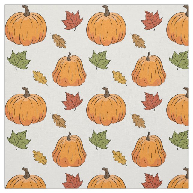 Orange Pumpkins And Autumn Leaves Pattern Fabric (Swatch)