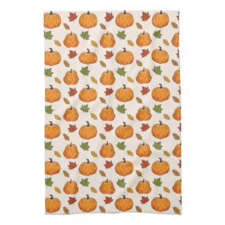 Orange Pumpkins And Autumn Leaves Pattern Kitchen Towel