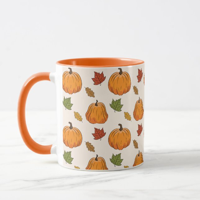 Orange Pumpkins And Autumn Leaves Pattern Mug (Left)