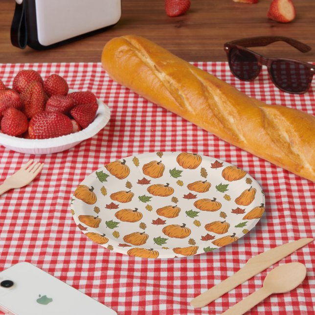 Orange Pumpkins And Autumn Leaves Pattern Paper Plates (Picnic)