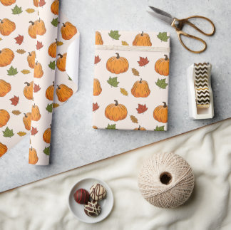 Orange Pumpkins And Autumn Leaves Pattern Wrapping Paper