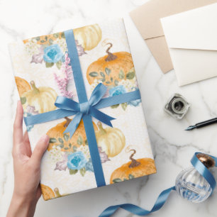 Orange Pumpkins and Blue Flowers Thanksgiving Wrapping Paper