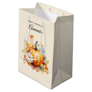 Orange Pumpkins and Flowers Autumn Birthday Medium Gift Bag