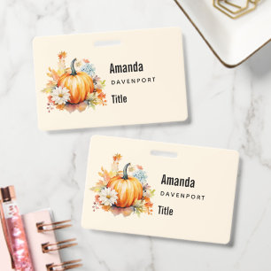 Orange Pumpkins and Flowers Autumn Business Badge