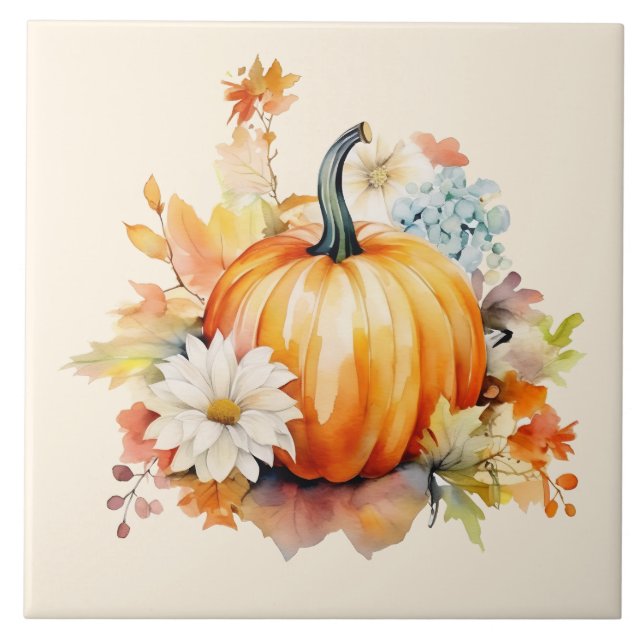 Orange Pumpkins and Flowers Autumn Ceramic Tile (Front)