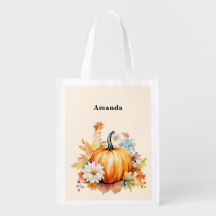 Orange Pumpkins and Flowers Autumn Grocery Bag
