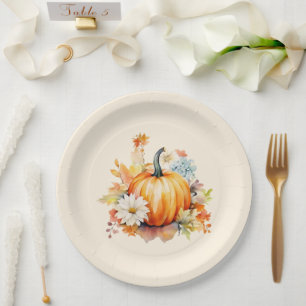 Orange Pumpkins and Flowers Autumn Paper Plates