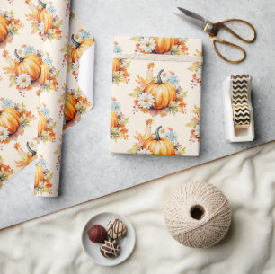 Orange Pumpkins and Flowers Autumn Pattern Wrapping Paper