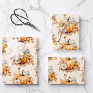 Orange Pumpkins and Flowers Autumn Pattern Wrapping Paper Sheets