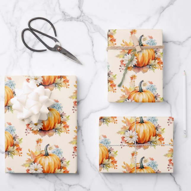 Orange Pumpkins and Flowers Autumn Pattern Wrapping Paper Sheets (Front)
