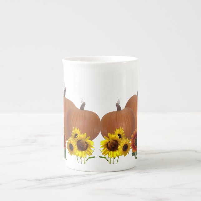 Orange Pumpkins and Sunflowers White Halloween  Bone China Mug (Front)