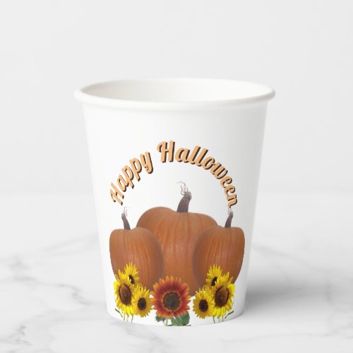 Orange Pumpkins and Sunflowers White Halloween  Paper Cups