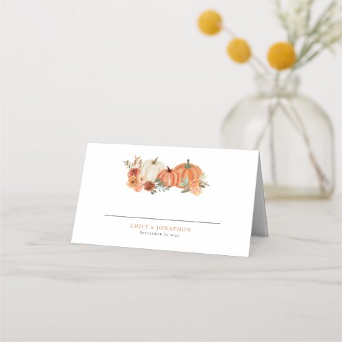 Orange Pumpkins Autumn Florals Names Date Wedding Place Card