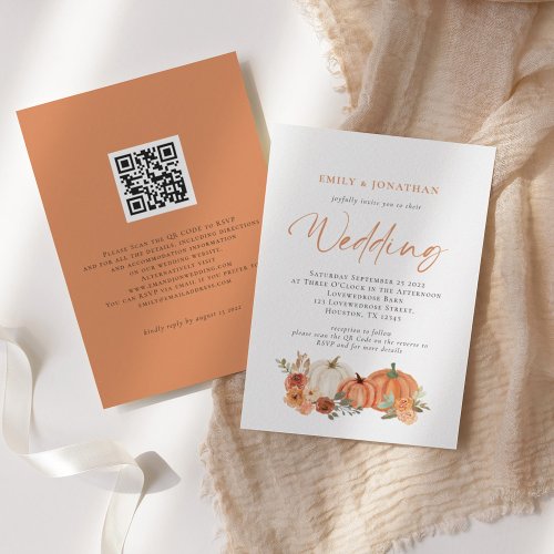 Orange Pumpkins Autumn Florals QR Code Wedding Inv Invitation