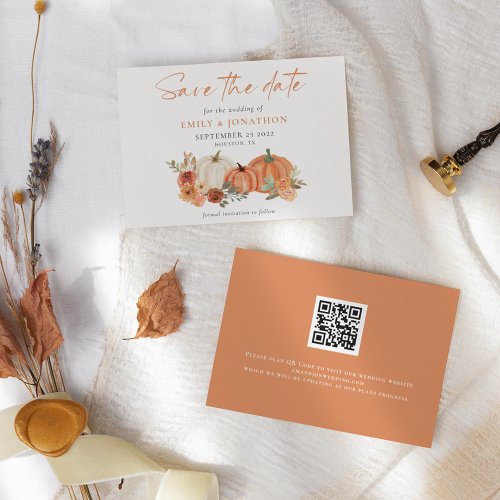 Orange Pumpkins Autumnal Florals QR Code Wedding Save The Date