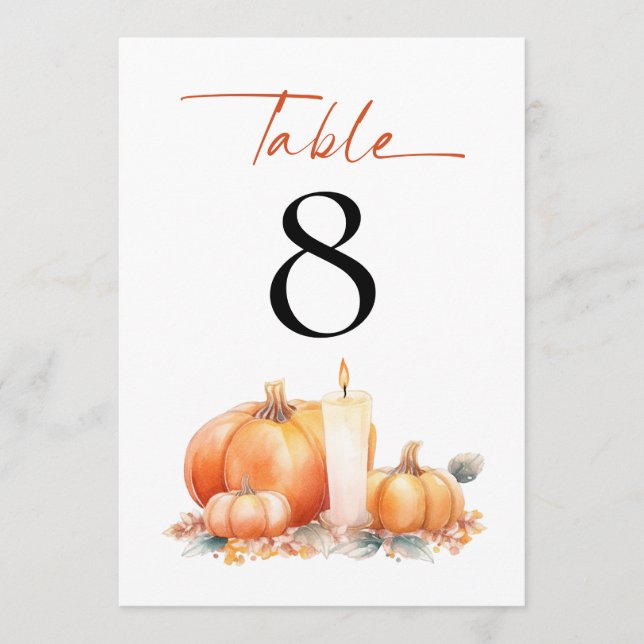 Orange Pumpkins Candle Wedding Table Number (Front)
