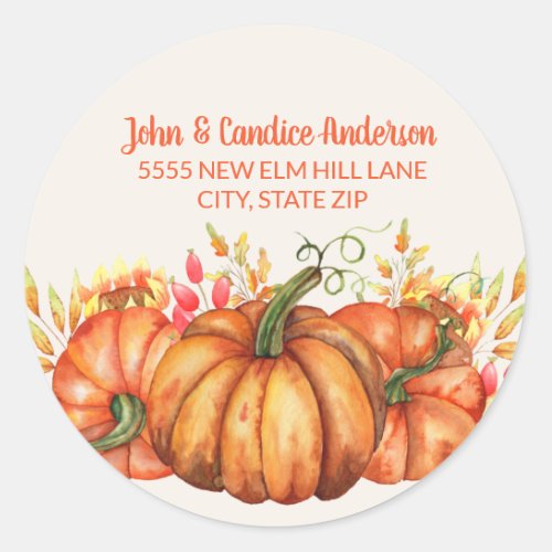 Orange Pumpkins Fall Leaves Thanksgiving Address Classic Round Sticker